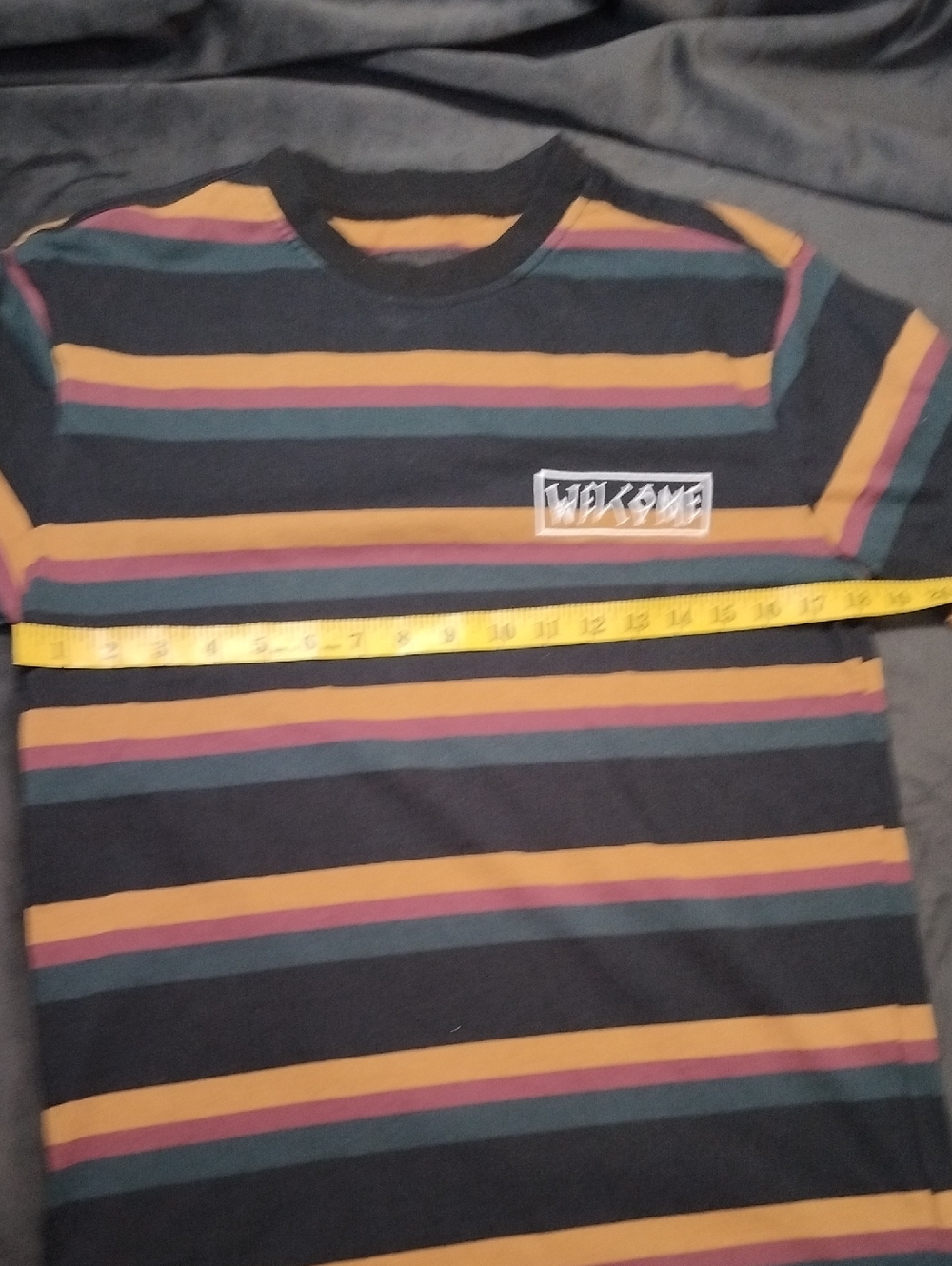 Welcome Striped Crew Black, Red, Mustard & Green Striped Cotton Tshirt - Small - Picture 6 of 6